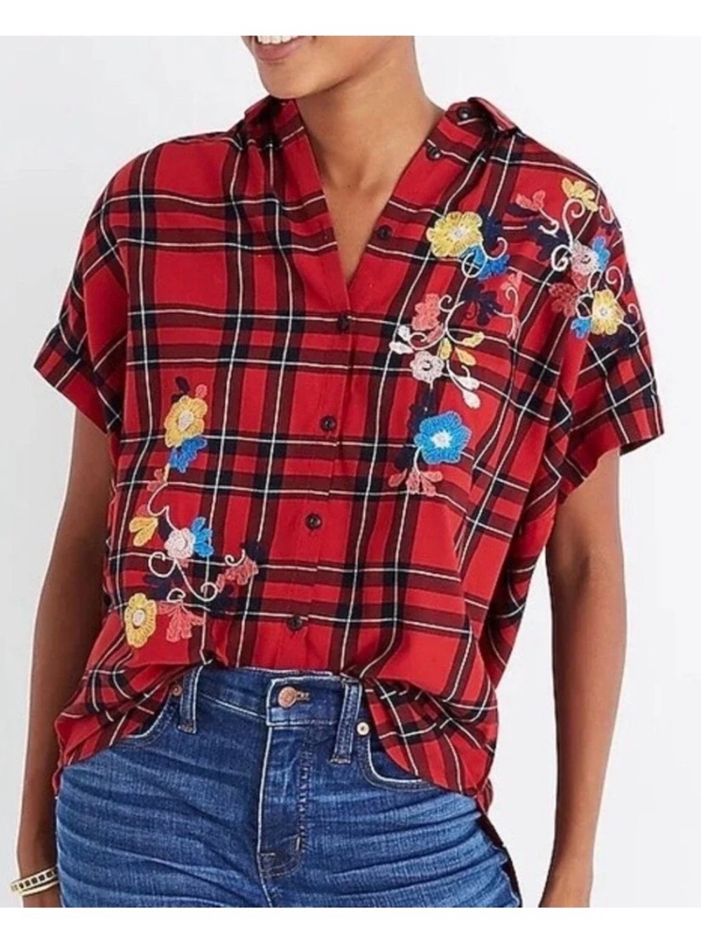Madewell Red Plaid Short-Sleeve Embroidered Button Front Top